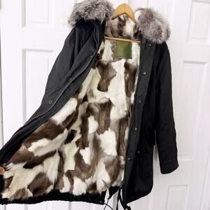 Mr & Mrs Italy Black Army Canvas Parka with Raccoon Fur (Size Medium)